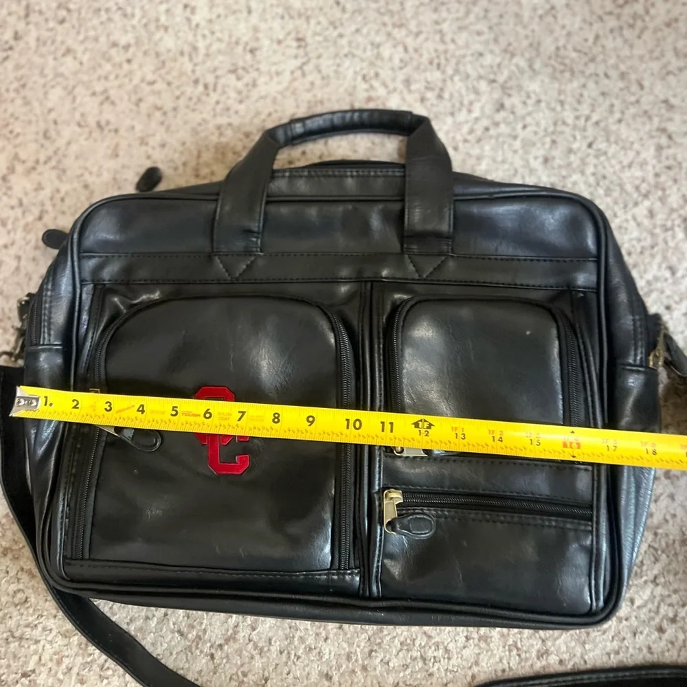 USC Logo Black Leather Briefcase Pocket Multi Compartments Portfolio Work Bag